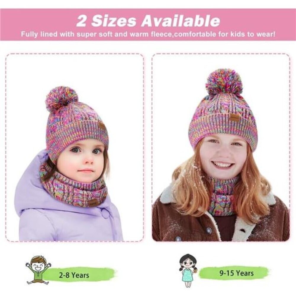 Kids Winter Hat Gloves Scarf Set,Girls Toddler Children Hats Beanie with Pom - Picture 5 of 7